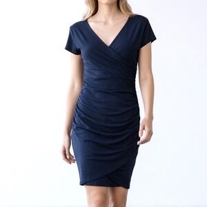 SUSANA MONACO Navy Ruched Bodycon Dress V-Neck Short Sleeve Women S